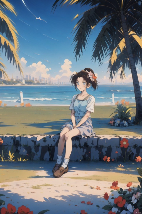  1girl,(loli),(chibi),(garden),baby,child, solo,(Ponytail). (High ponytail),full body,flower,garden,tree,Anime, cozy animation scenes, flat, ooyama Kazuha