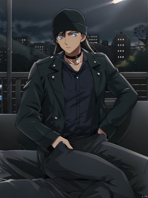  1boy, solo, breasts, looking at viewer, bangs, black suit trousers, deep eyes, black hair, black hat, long hair,standing, collarbone, outdoors, choker, day, bag, black choker, building, hand in pocket, Akai, fantasy,Akai, backlight, sssr, ((poakl)) City, street, roadside, car, sports car, back against the side of the car, one leg to support the body,