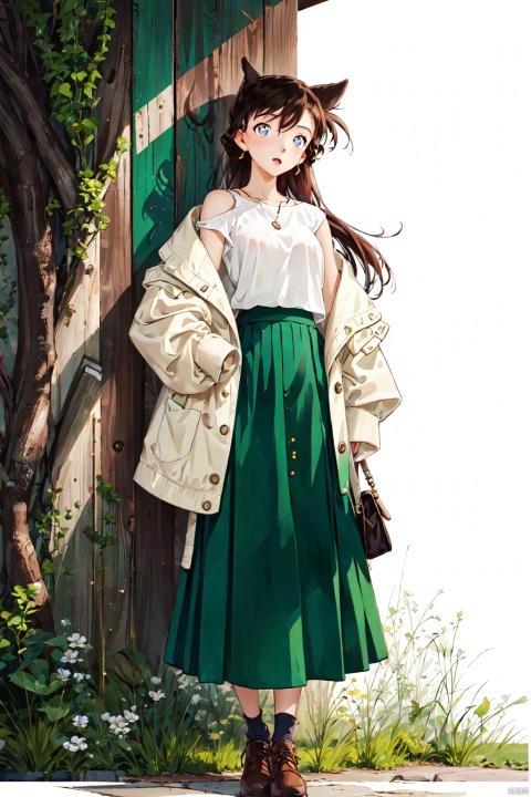  conan,1girl,solo,1girl, solo, skirt, long hair, brown footwear, full body, red hair, sweater, long skirt, standing, freckles, simple background, holding, lips, white background, shoes, green skirt, fashion, long sleeves, boots,conan,HTTP,褰╄壊澶栧,澶栧, colors, backlight