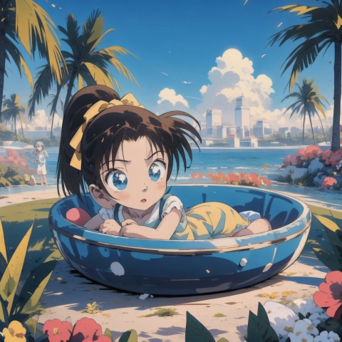  1girl,(loli),(chibi),(garden),baby,child, solo,(Ponytail). (High ponytail),full body,flower,garden,tree,Anime, cozy animation scenes, flat, ooyama Kazuha