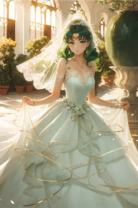 msn, 1girl, solo, solo, solo,
sailor moon, (kaiou_michiru), kaiou_michiru, kaiou_michiru, kaiou_michiru, blue eye, (green hair:1.3), green hair, light green hair, medium hair, (wavy_hair:1.3), wavy_hair, white green skirt, green white theme, (Split bangs:1.6)shiny, fluffy hair,
Lace wedding dress, (deep green white wedding dress:1.3), (wedding dress:1.6), flower,
jewelry,earrings,solo,looking_at_viewe, facing_viewer, facing, facing, WANSHENG, chang, long sleeves, backlightloose hairs,yunbin,chain,sailor moon