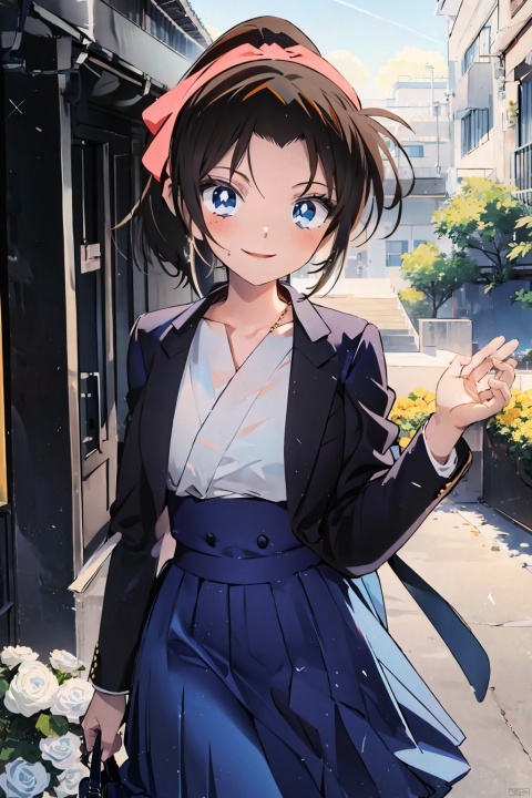  ooyama Kazuha,masterpiece, HD,best quality,High ponytail, colorful headband,outdoor,day,light,1girl,shcool,High school girl, blue suit, blue skirt,High-waisted skirts, pleated skirts,dreamy scene, front viewer, looking at viewer, Flowers,white rose,romantic,UHD,16k,sparkling dress,smile,all-hd,backlight,colors,conan, ooyama Kazuha, Anime