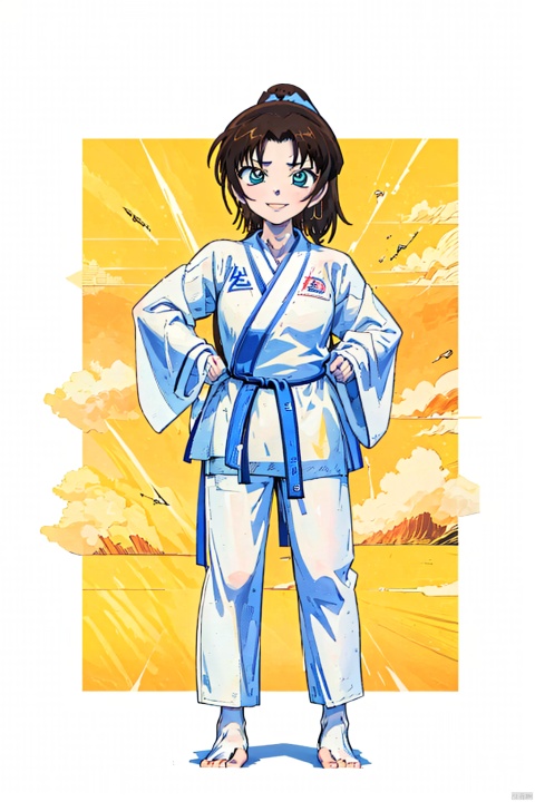  ooyama Kazuha,(best quality), ((masterpiece)), (highres),smiling,simple background,1girl,SOLO,brown hair,aqua eyes,long hair, High ponytail, (taekwondo:1.6),white Long-sleeved top,white,uniform,Bare feet,Trousers(solo),(dynamic pose,dynamic angle),((upper body)), multiple girls, Anime, (\shen ming shao nv\)