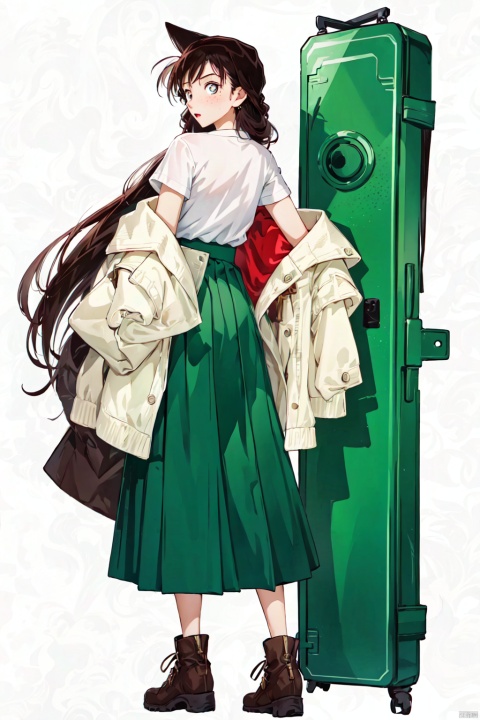 conan,1girl,solo,1girl, solo, skirt, long hair, brown footwear, full body, red hair, sweater, long skirt, standing, freckles, simple background, holding, lips, white background, shoes, green skirt, fashion, long sleeves,boots,conan,HTTP,褰╄壊澶栧,澶栧, colors, backlight