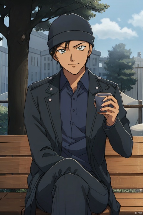 solo, looking at viewer, smile, short hair, black hair, 1boy, hat, holding, sitting, jacket, male focus, outdoors, pants, tree, cup, black jacket, black headwear, crossed legs, holding cup, mug, beanie, bench, park, Akai