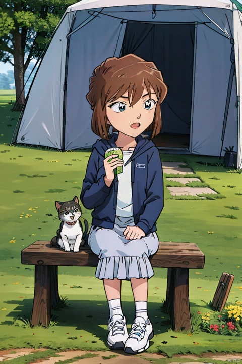 HaibaraAi,1girl,solo, short hair, Shy, nervous, scared,(close mouth), bangs, blue eyes, (flower).dog,cat,skirt, brown hair, shirt, Puppies, grass, Frisbee, sports, camping, tents, cars,long sleeves,stangding,collarbone, full body, white shirt,outdoors, shoes, day, socks, indoors, hood, black skirt, hoodie, white footwear, hood down, grass, white socks, blue jacket, sneakers, long skirt, bench, blue hoodie, HaibaraAi