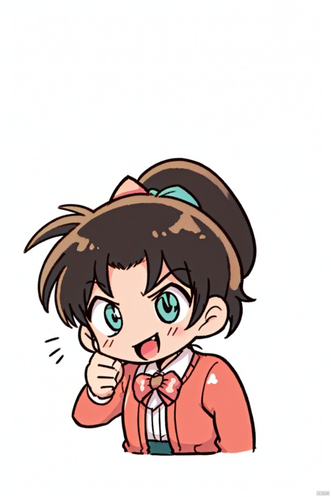  ooyama Kazuha,(best quality), ((masterpiece)), (highres),smiling,smile, :d, fang,finger on faceemoji,pure white background, simple drawing,chibi,white background,1girl,SOLO,cute:1.2,,brown hair,aqua eyes,long hair, High ponytail, (red Jacket),high ponytail,white collared shirt,hair flower,fipped hair,floating hair,Frown,hands in pockets,black dress,red bowtie,(solo),(dynamic pose,dynamic angle),((upper body)), multiple girls