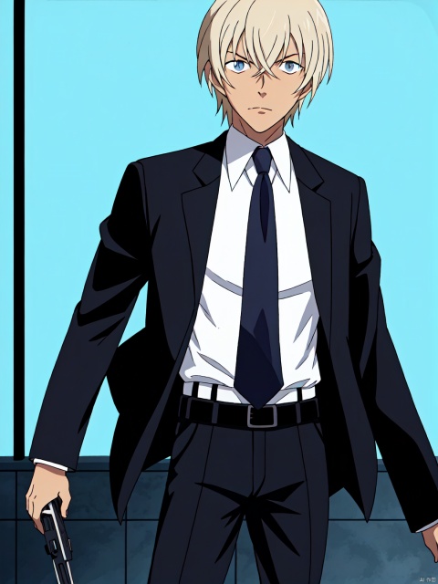  Rei,1boy,solo, short hair, bangs, blue eyes, blonde hair, simple background, shirt, long sleeves, 1boy, white background, holding, hair between eyes, closed mouth, standing, jacket, white shirt, weapon, male focus, open clothes, necktie, collared shirt, belt, pants, dark skin, holding weapon, open jacket, black jacket, gun, looking to the side, black pants, formal, dark-skinned male, suit, holding gun, black necktie, black belt, serious, grey pants, Rei, Anime