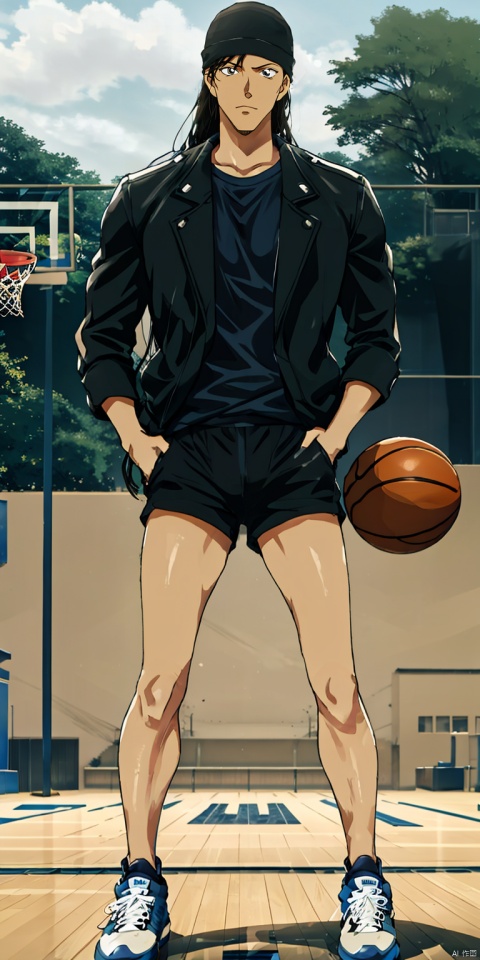  Akai,black hair,long hair, black hat, (1boy:1.5),1boy, solo,full body,outdoors,city,streed, sssr,Dry court, playing basketball, layup action, freeze motion, sports suit, half sleeve, sports shorts, sneakers, basketball, basketball shoes, sweat, dunk,