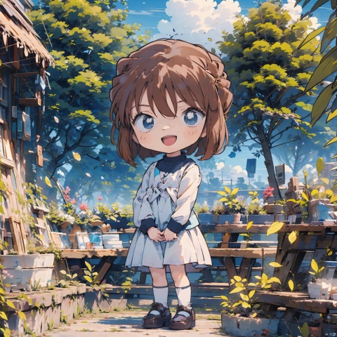  1girl,(loli:1.5),(chibi:1.3),(garden),baby,child, solo,full body,flower,garden,tree, short hair, looking at viewer, smile, open mouth, bangs, blue eyes, brown hair, shirt, long sleeves, hair between eyes, very short hair,conan, chubby, simple drawing, chibi,chibi, Anime, cozy animation scenes, flat, HaibaraAi