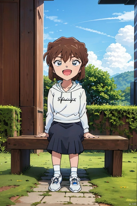  solo, smile, short hair, open mouth, bangs, blue eyes, skirt, brown hair, shirt, long sleeves, 1boy, sitting, collarbone, full body, white shirt, :d, male focus, outdoors, shoes, day, socks, indoors, hood, black skirt, hoodie, white footwear, hood down, grass, white socks, blue jacket, sneakers, long skirt, bench, blue hoodie, HaibaraAi