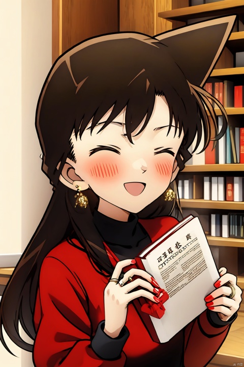 1girl, solo, long hair, blush, smile, open mouth, brown hair, long sleeves, jewelry, closed eyes, upper body, :d, earrings, teeth, blurry, sweater, head tilt, book, blurry background, ^ ^, turtleneck, watermark, happy, ring, facing viewer, paper, laughing, red sweater, book stack, (\shi shi ru yi\)