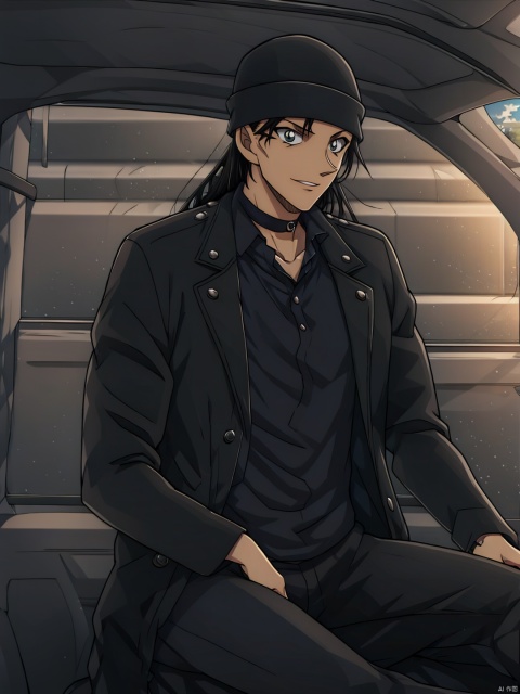 1boy, solo, breasts, looking at viewer, bangs, black suit trousers, deep eyes, black hair, black hat, long hair,thighhighs, long sleeves, ribbon, jewelry, standing, collarbone, jacket, white shirt,outdoors, parted lips, open clothes, choker, day, bag, black choker, building, hand in pocket, Akai, fantasy,Akai, backlight, sssr, ((poakl)),solo, looking at viewer, smile, black hair, 1boy, hat, male focus, from side, black headwear, ground vehicle, beanie, car interior