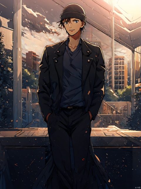  1boy, solo, breasts, looking at viewer, bangs, black suit trousers, deep eyes, black hair, black hat, thighhighs, long sleeves, ribbon, jewelry, standing, collarbone, jacket, white shirt, ponytail, outdoors, parted lips, open clothes, choker, day, bag, black choker, building, hand in pocket, Akai, fantasy,Akai, backlight, sssr