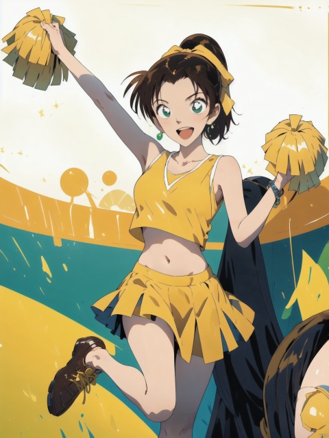 1girl, solo, long hair, (High ponytail),looking at viewer, smile, open mouth, skirt, simple background, brown hair, shirt, white background, bow, navel, holding, green eyes, standing, collarbone, ponytail, :d, hair bow, pleated skirt, shoes, sleeveless, midriff, shiny, miniskirt, stomach, arm up, shiny hair, crop top, sleeveless shirt, leg up, standing on one leg, green skirt, sneakers, yellow shirt, green shirt, cheerleader, pom pom \(cheerleading\), yellow skirt, yellow footwear, ooyama Kazuha
