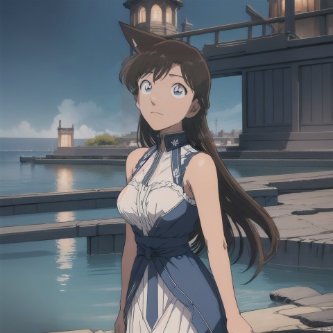  Mouri Ran,((masterpiece)), ((best quality)), ((illustration)), extremely detailed,style girl, long shot, small breast,light grey very_long_hair, scifi hair ornaments, beautiful detailed deep eyes, beautiful detailed sky, beautifuldetailed water, cinematic lighting