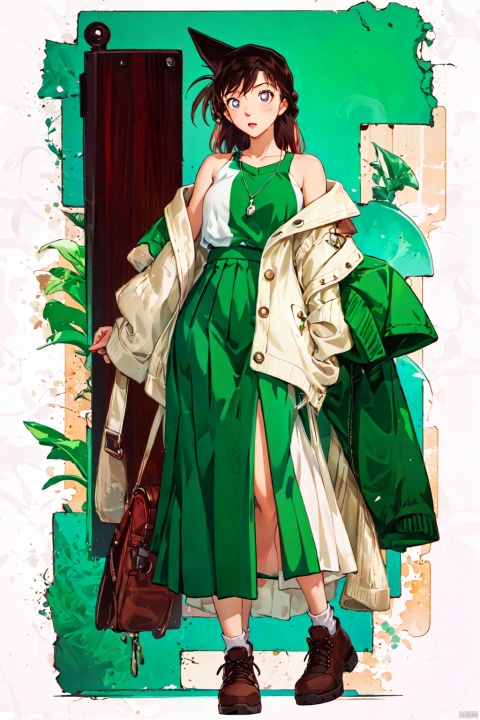 conan,1girl,solo,1girl, solo, skirt, long hair, brown footwear, full body, red hair, sweater, long skirt, standing, freckles, simple background, holding, lips, white background, shoes, green skirt, fashion, long sleeves, boots,conan, HTTP,褰╄壊澶栧,澶栧, colors, backlight