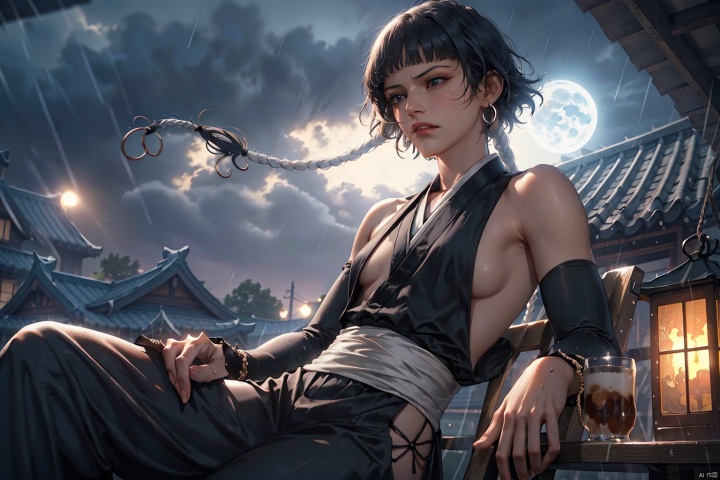 1girl,soifon,fierce,Short hair,black hair,Braids,small breast,(sitting：1.3）,Round face,
japanese clothes, sideboob, hip vent, detached sleeves, bare shoulders,
Chinese architecture,Roof, heavy rain, Strong wind,night, blue moonlight, backlight, Close up，contour light