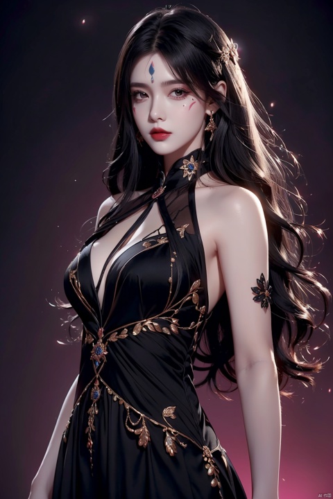 (1 girl: 1.4), masterpiece, extremely detailed CG unified 8k wallpaper, (color background: 1.4), best quality, (lookingat_viewer: 1.4), (perspective shot: 1.3), (black hair: 1.7), curly hair , lipstick, face paint, (gorgeous long dress: 1.4)