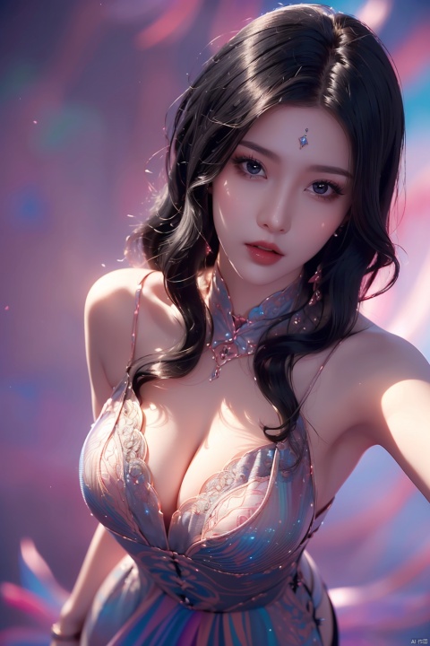 (1 girl: 1.4), masterpiece, extremely detailed CG unified 8k wallpaper, (colorful background: 1.4), best quality, (lookingat_viewer: 1.4), (perspective lens: 1.3), (black hair: 1.7), curly hair, lipstick, facial painting, (sexy long dress: 1.4), nudes, 1girl