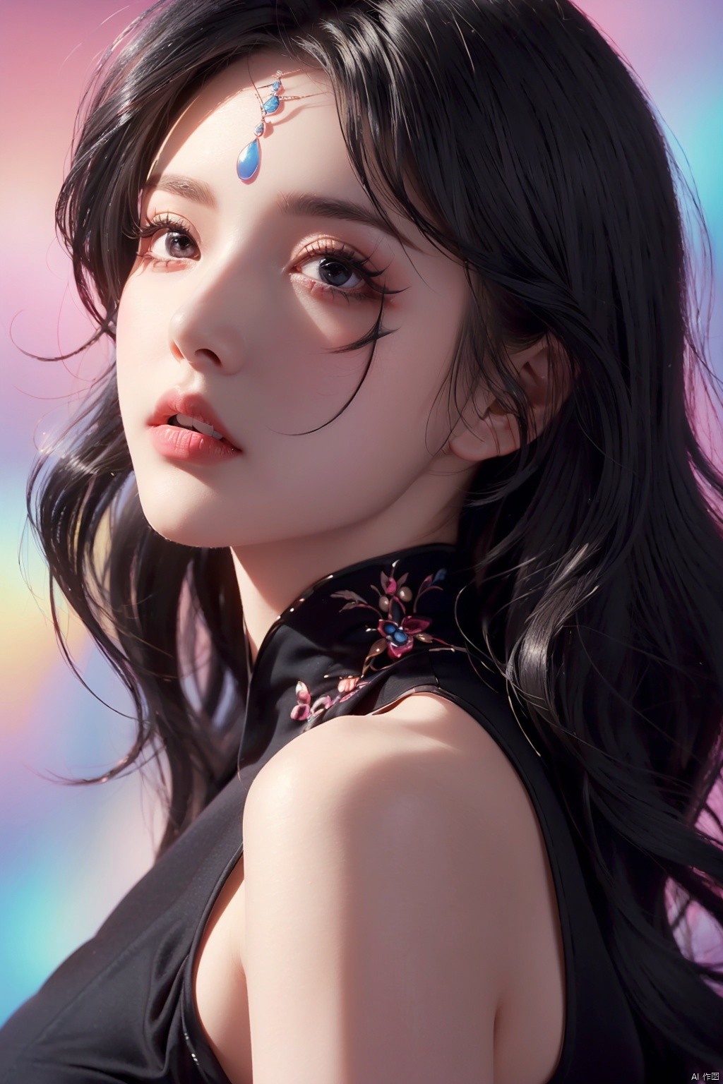 (1 girl: 1.4), masterpiece, extremely detailed CG unified 8k wallpaper, (colorful background: 1.4), best quality, (lookingat_viewer: 1.4), (perspective lens: 1.3), (black hair: 1.7), curly hair, lipstick, facial painting, (gorgeous long dress: 1.4), no_clothes
