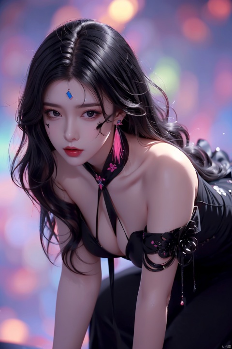 (1 girl: 1.4), masterpiece, extremely detailed CG unified 8k wallpaper, (colorful background: 1.4), best quality, (lookingat_viewer: 1.4), (perspective lens: 1.3), (black hair: 1.7), curly hair, lipstick, facial painting, (gorgeous long dress: 1.4), no_clothes, xiaoyixian