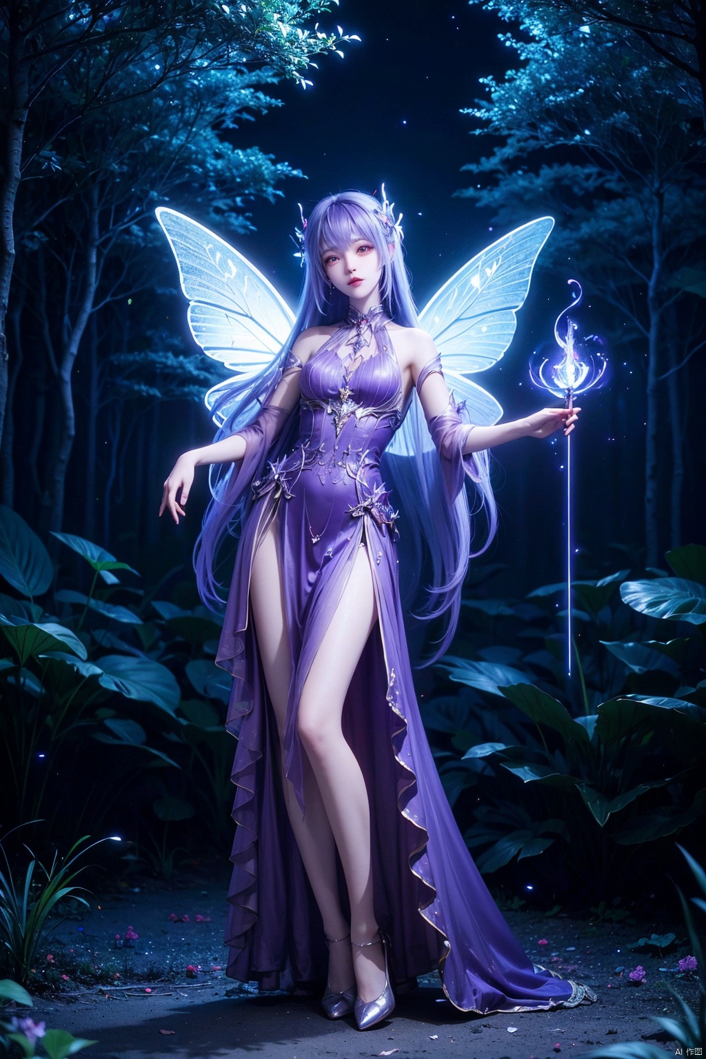  ((4k,masterpiece,best quality)), professional camera, 8k photos, wallpaper 1 girl, solo,purple hair,ethereal fairy, floating on clouds, sparkling gown with iridescent butterfly wings, holding a magic wand, surrounded by dancing fireflies, twilight sky, full moon, mystical forest in the background, glowing mushrooms, enchanted flowers, softly illuminated by bioluminescence, serene expression, delicate features with pointed ears, flowing silver hair adorned with tiny stars, gentle breeze causing her dress and hair to flow ethereally, dreamlike atmosphere, surreal color palette, high dynamic range lighting, intricate details, otherworldly aesthetic.
, hand,Stay away from the camera, take a full body photo,