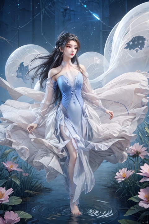  masterpiece), (best quality), illustration, ultra detailed, hdr, Depth of field, a girl, full body, magic, solo focus, masterpiece, gradient background, summer, best quality, star, deep night, wind, flying flowers,colorful flowers, fireflies, crescent moon, 1 girl, blue long hair, Beautiful and meticulous eyes, small breast, beautiful detailed,off shoulder, beautiful dress,long sleeves ,perfect hand, strong rim light, anime screenshot, bare feet, step in water, solo focus, extremely detailed wallpaper,cinematic lighting, painting, girl, glow, Hazy light,Floodlight, 1girl, lmw-hd, limuwan, huliya