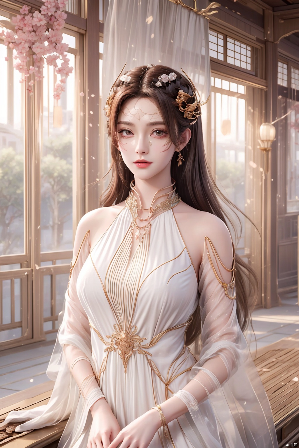  (The background is a cherry blossom tree:1.2),Dim, scattered, backlit, beautiful sky,Women, smiling, full chested, bare feet, elegant, lightweight, confident, flower posture, wisdom, charming charm, purity, nobility, artistry, beauty, (best quality), masterpiece, highlights, (original), extremely detailed wallpaper, (original: 1.5), (masterpiece: 1.3), (high resolution: 1.3), (an extremely detailed 32k wallpaper: 1.3), (best quality), Highest image quality, exquisite CG, high quality, high completion, depth of field, (girl: 1.5), (an extremely delicate and beautiful girl: 1.5), (perfect whole body details: 1.5), beautiful and delicate nose, beautiful and delicate lips, beautiful and delicate eyes, (clear eyes: 1.3), beautiful and delicate facial features, beautiful and delicate face, hand processing, hand optimization, hand detail optimization, hand detail processing, detailed beautiful clothes, complex details, Extreme detail portrayal, HDR, detailed background, realistic, (transparent PV iridescent colors: 1.3),FUJI,Film(/FUJI/),bj_Alice,LOMO,cyborg,1 girl,huliya,YUNY, lmyh, wzgrx, Ancient China_Indoor scenes