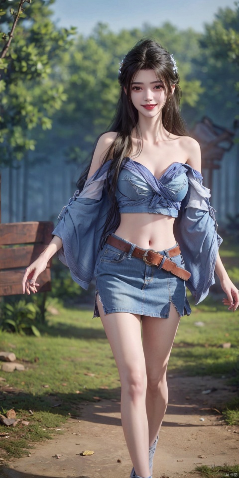  best quality, masterpiece, cowboy_shot,(Good structure), DSLR Quality,Depth of field,kind smile,looking_at_viewer,Dynamic pose,
 1girl, 3d, bare_shoulders, belt, blurry, blurry_background, blurry_foreground, branch, , , , collarbone, *******_photo, denim, denim_skirt, depth_of_field, , lips, long_hair, looking_at_viewer, midriff, miniskirt, motion_blur, navel, outdoors, photo_\(medium\), realistic, skirt, solo, standing, tree, , , , limuwan,away from the camera, full body photo,