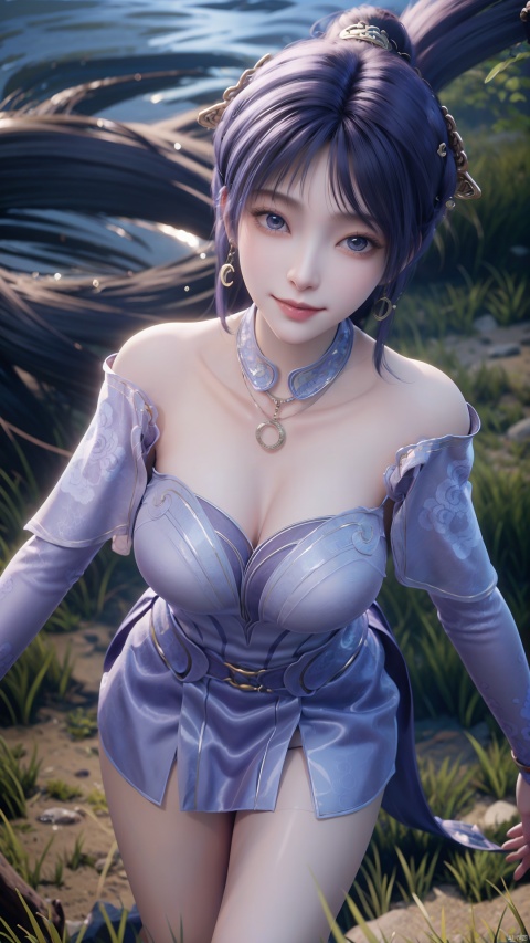  1girl, solo, jewelry, earrings, breasts, necklace, purple hair, dress, realistic, bare shoulders, mischevious smile, perfect body, scenery, sharp focus, best quality, masterpiece, detailed outfit, illustration, perfect eyes, finely detailed beautiful anime eyes, realistic skin, intricate details, best lighting, depth of field, ultra high resolution,cowboy_shot, dynamic pose, dynamic angle,(Lying on the grass:1.2),Distance from the camera, full body shot, 