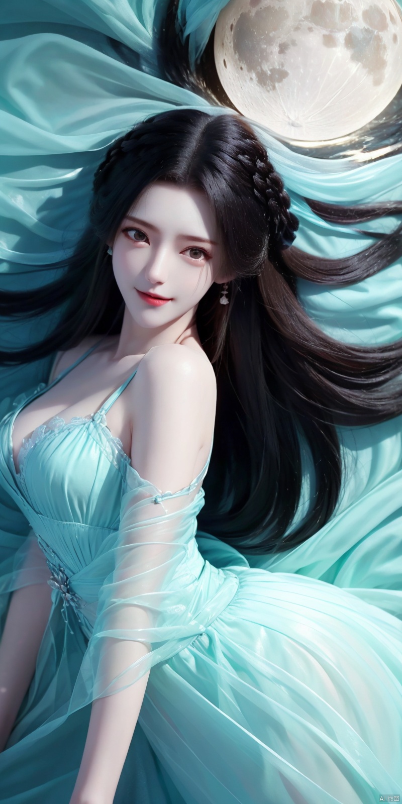  best quality, masterpiece, cowboy_shot,(Good structure), DSLR Quality,Depth of field,kind smile,Dynamic pose, 
1 girl,(translucent white gauze dress:1.3), (moon), moonlight, water surface, long hair, windy, qingyi, ll-hd, pf-hd, ty-hd, jiangli,Far away from the camera, (full body shot:1.2), (Lying:1.5),