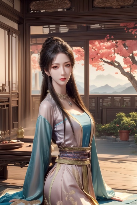  (The background is a cherry blossom tree:1.2),Dim, scattered, backlit, beautiful sky,Women, smiling, full chested, bare feet, elegant, lightweight, confident, flower posture, wisdom, charming charm, purity, nobility, artistry, beauty, (best quality), masterpiece, highlights, (original), extremely detailed wallpaper, (original: 1.5), (masterpiece: 1.3), (high resolution: 1.3), (an extremely detailed 32k wallpaper: 1.3), (best quality), Highest image quality, exquisite CG, high quality, high completion, depth of field, (girl: 1.5), (an extremely delicate and beautiful girl: 1.5), (perfect whole body details: 1.5), beautiful and delicate nose, beautiful and delicate lips, beautiful and delicate eyes, (clear eyes: 1.3), beautiful and delicate facial features, beautiful and delicate face, hand processing, hand optimization, hand detail optimization, hand detail processing, detailed beautiful clothes, complex details, Extreme detail portrayal, HDR, detailed background, realistic, (transparent PV iridescent colors: 1.3),FUJI,Film(/FUJI/),bj_Alice,LOMO,cyborg,1 girl,huliya,YUNY, lmyh, wzgrx, Ancient China_Indoor scenes,nangongwan, 1girl