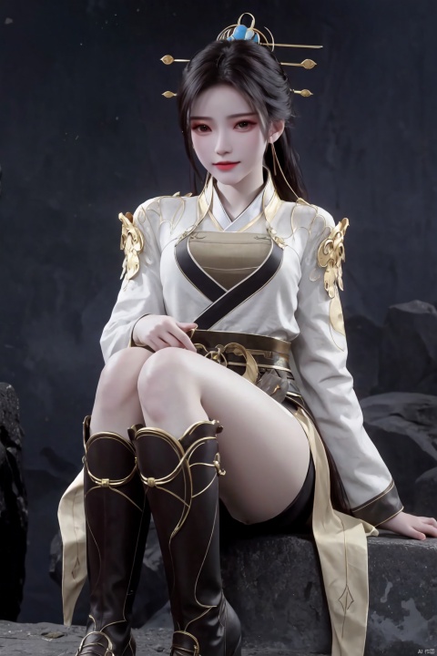  shiny_skin,1girl,hanfu,dynamic pose,sexy,upper_body,Distance from the camera, full body photo,wrist guard, boots, waist cover, sitting, 