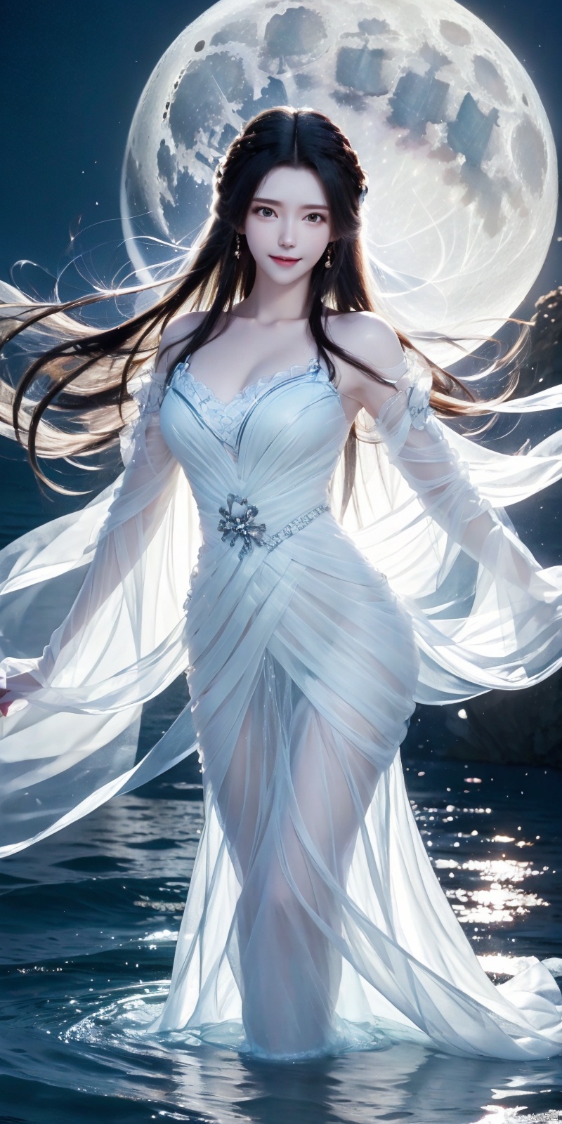  best quality, masterpiece, cowboy_shot,(Good structure), DSLR Quality,Depth of field,kind smile,looking_at_viewer,Dynamic pose, 
1 girl,(translucent white gauze dress:1.3), (moon), moonlight, water surface, long hair, windy, qingyi, ll-hd, pf-hd, ty-hd, jiangli,Far away from the camera, full body shot, 