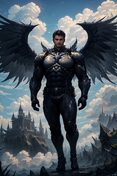 Best quality, masterpiece, ultra-high resolution, detailed background, (soft lighting, realism, highly detailed, professional), game_cg, single person, mature male, muscular male, (dynamic posture: 1.2), full body, tight pants, barefoot, full lens, flying in the air, white clouds, medieval castle, angel wings,