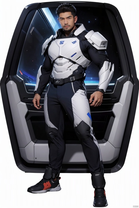  Best quality, masterpiece, ultra-high resolution, detailed background, game_cg, a man, Asian, muscular, in a spaceship, blue armor, full body photo, looking at me, a man, 1 boy