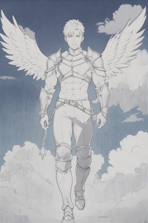 Best quality, masterpiece, ultra-high resolution, detailed background, game_cg, better details, (detailed eyes), angel, a man, muscular, short hair, 25 years old, exposed abs, armor top, armor pants, armor boots, long legs, full body image, flying in the air, white clouds, looking at me,