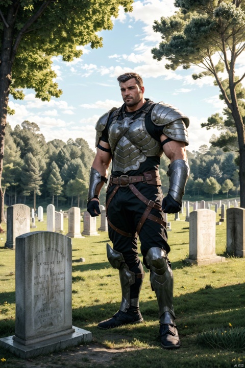  Best quality, masterpiece, ultra-high resolution, detailed background, game_cg, evil medieval castle, tombstone, withered trees, retro jazz atmosphere, a man, muscular, blue armor, long legs, full body portrait,