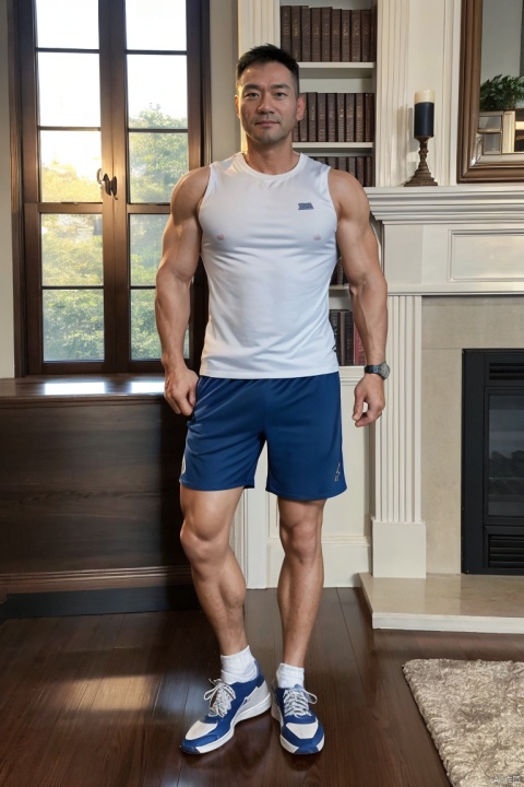 The best quality, masterpiece, ultra-high resolution, detailed background, game_cg, study, bookshelf, fireplace, decorations, outside the window, a man, Asian, middle-aged, 40 years old, muscular, blue tight sleeveless shirt, white shorts, sneakers, standing, looking at me,