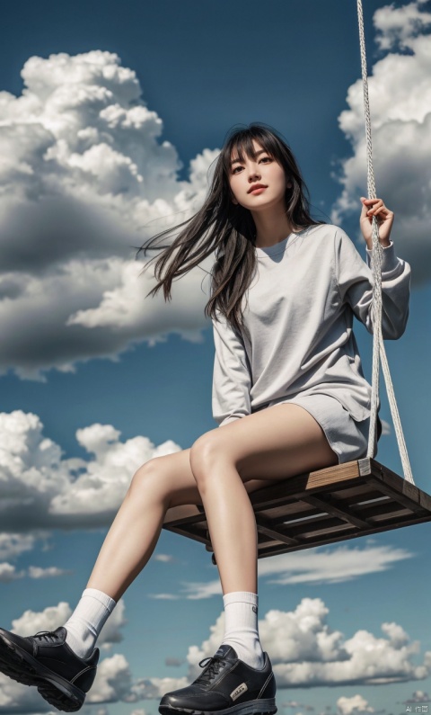 1girl,solo,sitting,sky,clouds,outdoors,black hair,bird,blue sky,white socks,daytime,building,long sleeves,long hair,playing on the swing,bangs,cloudy sky,wide_shot,hand between legs,