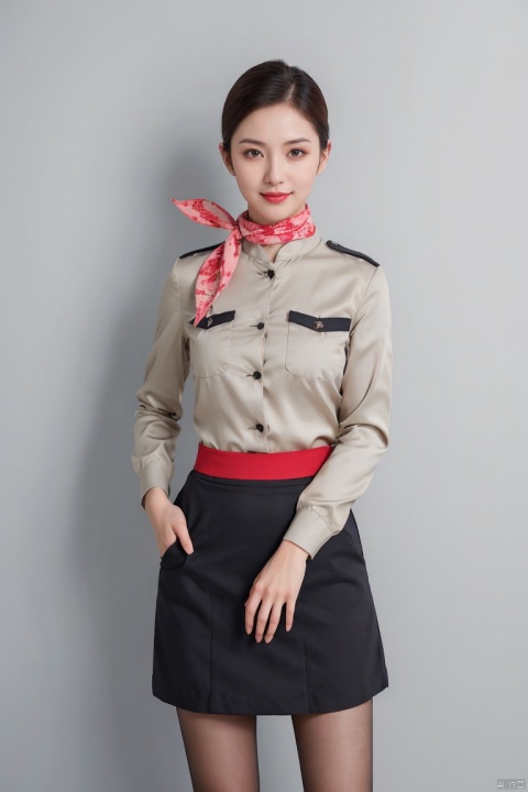  1girl,fashion model,aviation uniforms,chinese,female focus,(masterpiece, realistic, best quality, highly detailed, profession),asian,pretty,Charming eyes,exquisite facial features,short hair,Silk scarf,red skirt,grey pantyhose,high heels,standing,simple_background,full shot,blurry,bright,plns,kongjie