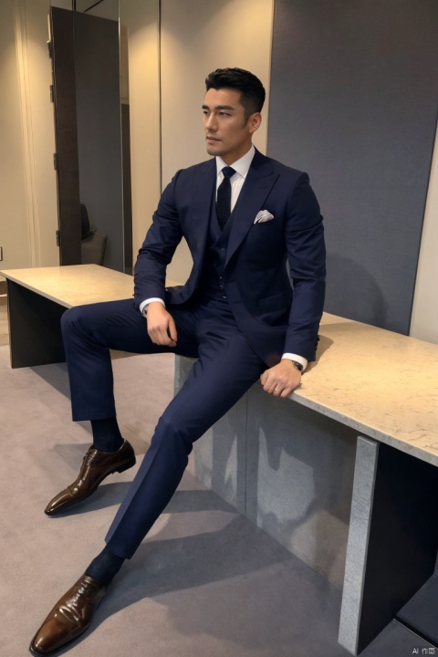  1man,masterpiece, realistic, best quality, highly detailed, Ultra High Resolution,profession,male focus,asian,Confident Dressing,exquisite facial features,handsome,deep eyes,muscular,formal suit,shirt,necktie,pants,sheer socks,footwear,Tailored Fit,Quality Fabrics,graceful yet melancholic posture,leaning,soft lighting,full shot,dutch angle,from_side,close_shot,jzns, jzns,1man