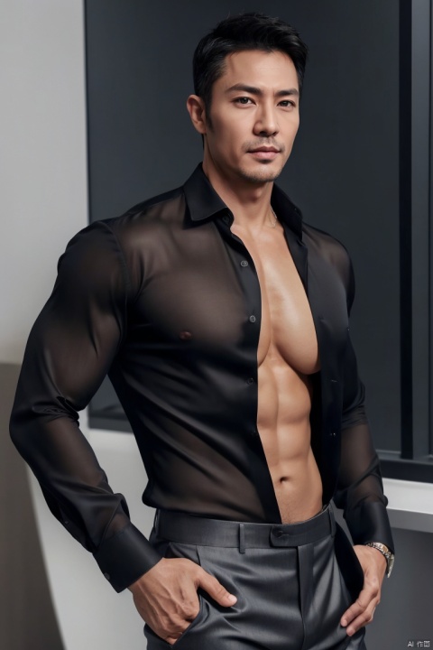  jzns,1man,male focus,asian,45y.o,exquisite facial features,handsome,fashion forward,unbuttoned black mesh shirt,pants,bulge,pectoralis,cleavage cutout,cowboy_shot,masterpiece, realistic, best quality, highly detailed, dress