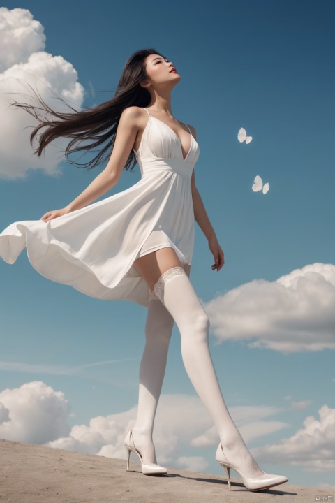  1girl,pretty,asian,Delicate features,white dress,white thighhighs,high heels,medium breasts,long legs,long hair fluttering,blue sky,White Clouds,breeze,looking away,(full shot),masterpiece,realistic,best quality,highly detailed,Ultra High Resolution,Photo Art,profession,1girl, plns