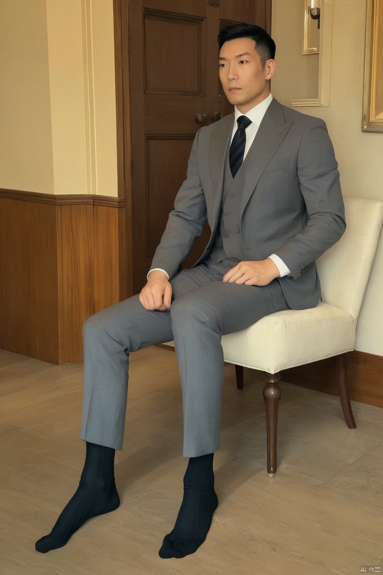  1man,(masterpiece, realistic, best quality, highly detailed, Ultra High Resolution,profession),male focus,asian,Confident Dressing,exquisite facial features,handsome,deep eyes,muscular,suit,Dress pants,(sheer socks:1.2),footwear,Tailored Fit,Quality Fabrics,graceful yet melancholic posture,leaning in a pub,soft lighting,full shot,dutch angle,from_side,medium_shot,jzns,br, jzns,