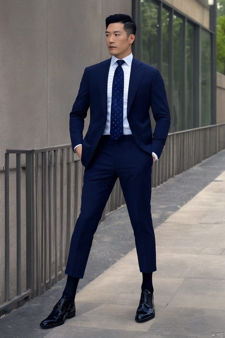  1man,(masterpiece, realistic, best quality, highly detailed, Ultra High Resolution,profession),male focus,asian,Confident Dressing,exquisite facial features,handsome,deep eyes,muscular,suit,Dress pants,(sheer socks:1.2),footwear,Tailored Fit,Quality Fabrics,graceful yet melancholic posture,outdoors,soft lighting,full shot,dutch angle,from_side,medium_shot,jzns,br, jzns,