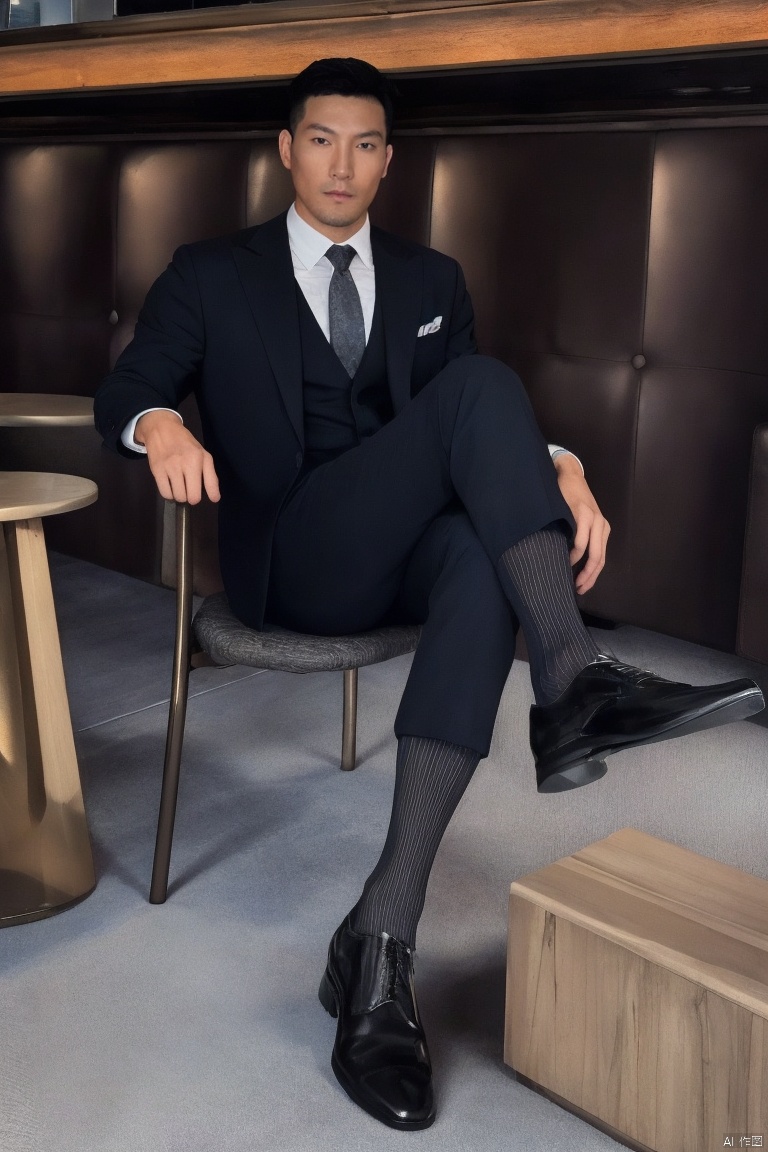  1man,(masterpiece, realistic, best quality, highly detailed, Ultra High Resolution,profession),male focus,asian,Confident Dressing,exquisite facial features,handsome,deep eyes,muscular,suit,Dress pants,(sheer socks:1.2),footwear,Tailored Fit,Quality Fabrics,graceful yet melancholic posture,leaning in a pub,soft lighting,full shot,dutch angle,from_side,medium_shot,jzns,br, jzns, 