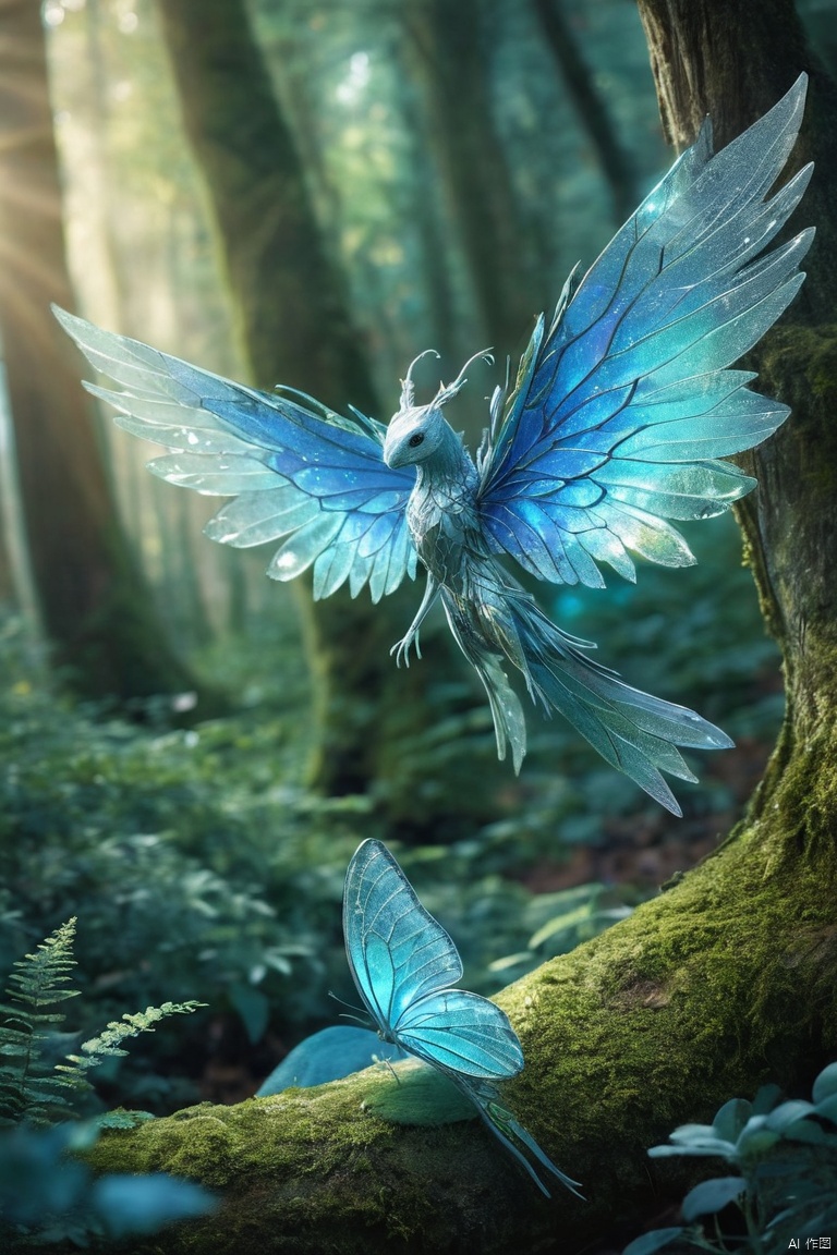 A magical creature with blue wings, shining with a crystal-like luster, surrounded by a mysterious aura, in a dreamlike forest. Medium: illustration, Detail: delicate wings, sparkling aura, enchanting forest setting, fantasy, Color tone: mystical blues and greens, Lighting: ethereal glow, (masterpiece, best quality, perfect composition, very aesthetic, absurdres, ultra-detailed, intricate details, Professional, official art, Representative work:1.3)