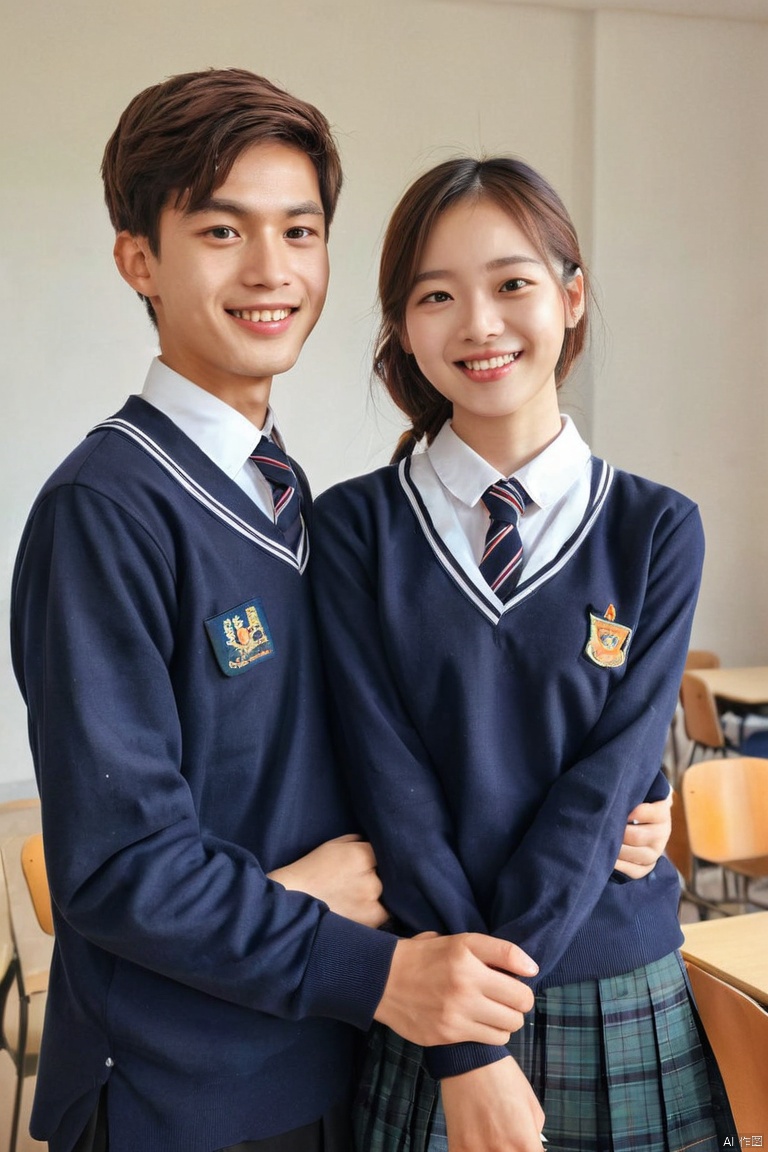Couple Photo, school uniform, happy, (masterpiece, best quality, perfect composition, very aesthetic, absurdres, ultra-detailed, intricate details, Professional, official art, Representative work:1.3)